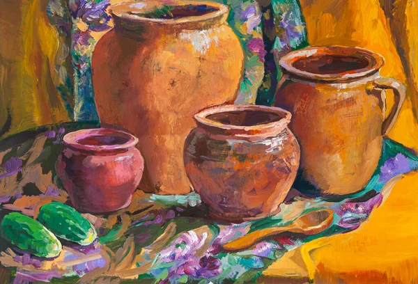 Still Life Ceramic Pots Cucumbers Hand Painted Tempera Paints Paper — Stock Photo, Image