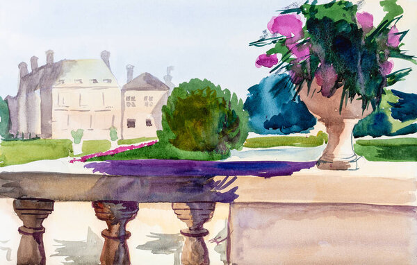 Вид на Люксембургский сад в Париже в солнечный день, раскрашенный акварельными красками на белой текстурированной бумаге