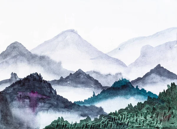 Vista Montanhas Cobertas Pela Manhã Pintadas Mão Por Tintas Aquarela — Fotografia de Stock