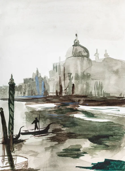 Venedik Sabah Manzarası Kanal Kilise Eliyle Beyaz Desenli Kağıda Suluboya — Stok fotoğraf