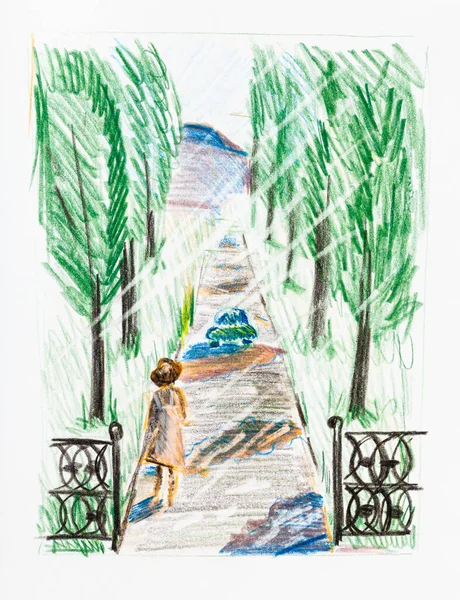 上の図は白い紙に色鉛筆で描いた夏の手描きの都市公園の路地を歩く女性の姿です — ストック写真