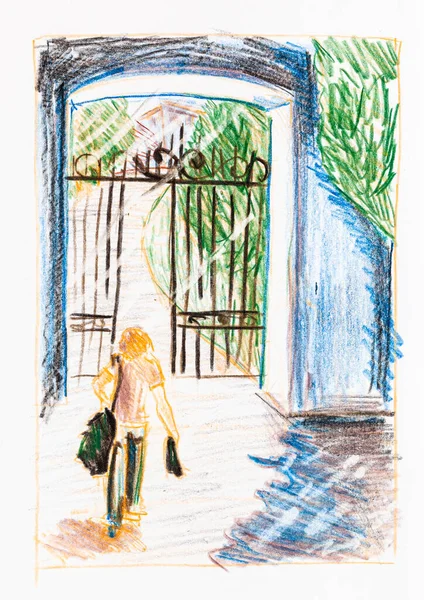 Sketch Man Goes Gate City Park Summer Hand Drawn Color — Stock Photo, Image