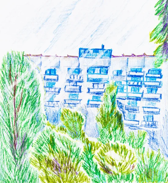 Croquis Des Arbres Verts Immeuble Ville Été Dessiné Main Par — Photo