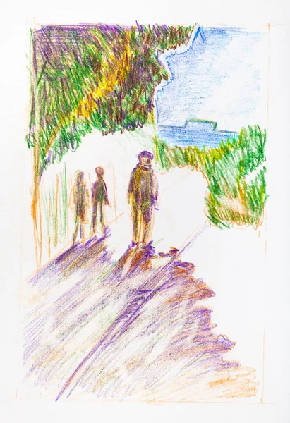 Boceto Personas Caminando Largo Pared Ciudad Verano Dibujado Mano Por — Foto de Stock
