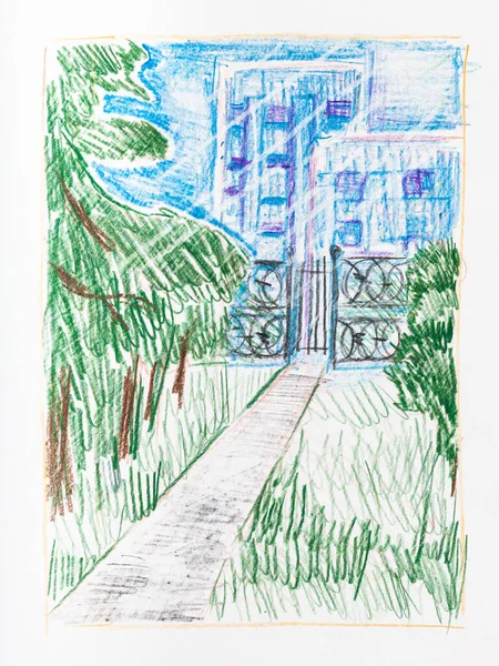 Croquis Vue Des Maisons Appartements Ville Par Soirée Été Dessiné — Photo