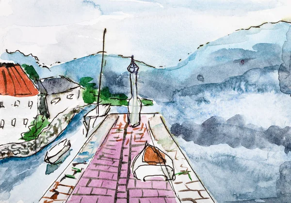 Vista Muelle Ciudad Kotor Montenegro Verano Mañana Pintado Mano Por — Foto de Stock