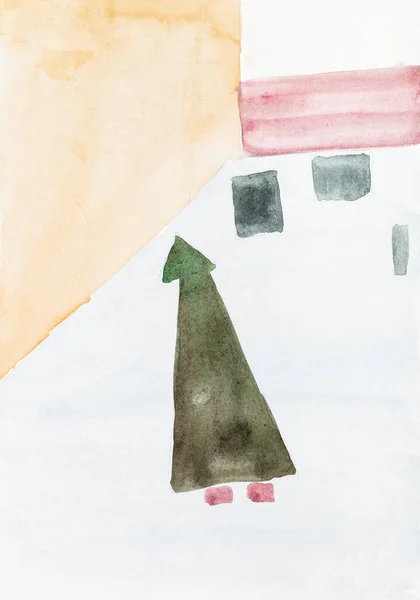 抽象艺术 冬日街上穿着绿色外套 头戴绿色帽子的女孩 手绘水彩画在白色纹理纸上 — 图库照片