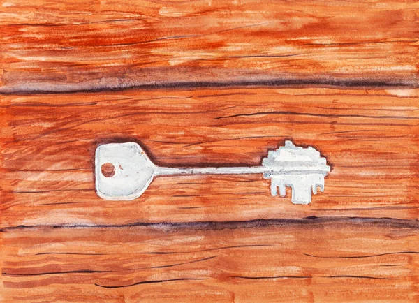 Door Key Wooden Table Hand Painted Watercolour Paints White Textured — Stock Photo, Image