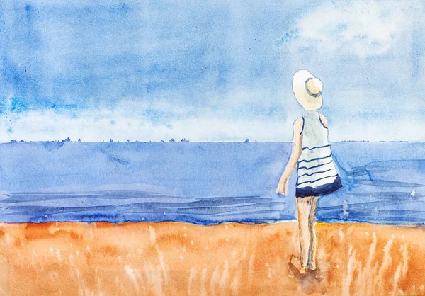 Девушка Коротком Платье Соломенной Шляпе Смотрит Море Песчаного Пляжа Руке — стоковое фото