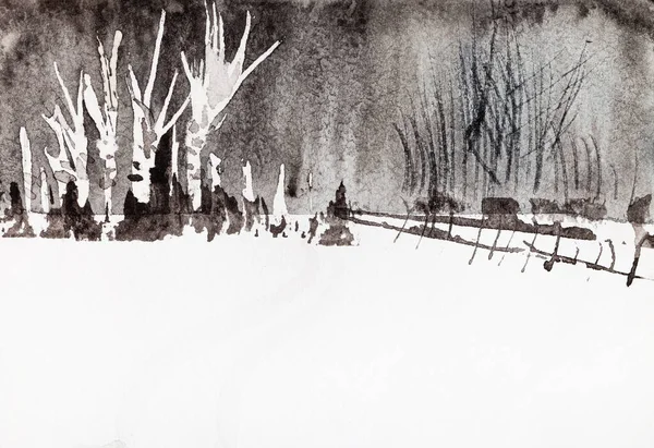 Köyün Kenar Mahallelerinde Huş Ağacı Koruluğu Kış Mevsiminde Suluboya Boyayla — Stok fotoğraf