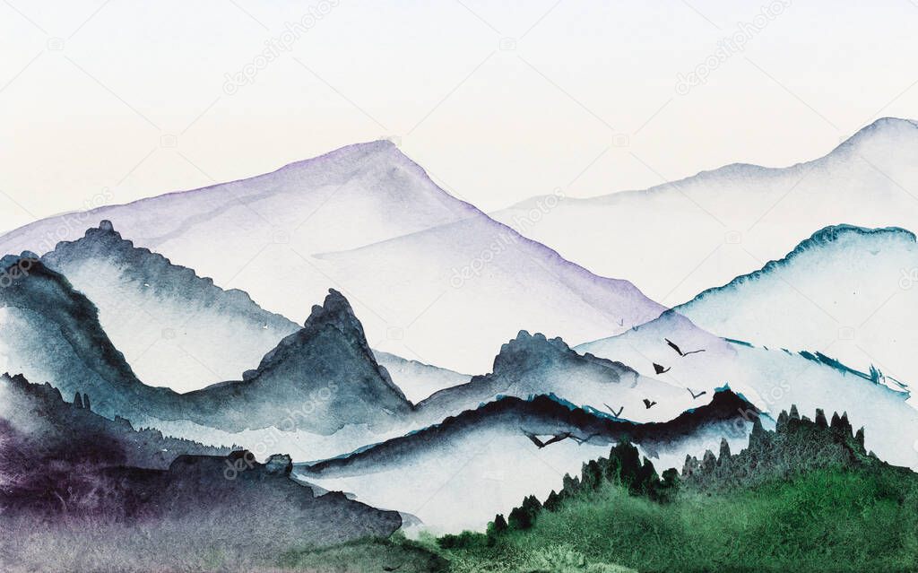 panorama with low mountains in morning hand painted by watercolour paints on white textured paper
