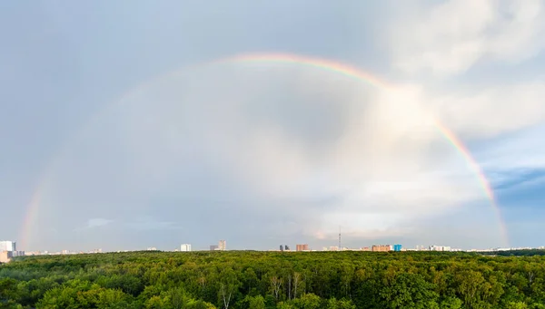 Panoramatický Výhled Duhu Modré Oblačné Obloze Nad Zeleným Lesem Obytnou — Stock fotografie