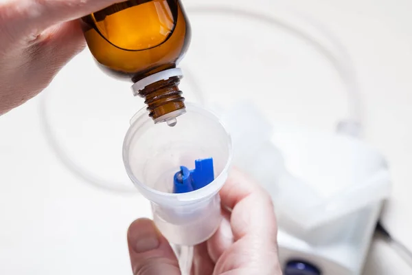 Woman Dripping Medicine Glass Bottle Nebulizer Close — Stock Photo, Image