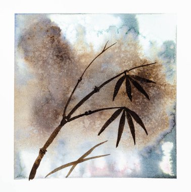 Soyut renkli arkaplanda bulunan bambu dalı beyaz desenli kağıdın üzerine suluboya ile çizilmiş tuz lekeleri.