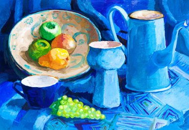 blue still life with coffee pot, vase, cup and fruits hand-drawn by tempera on white paper clipart