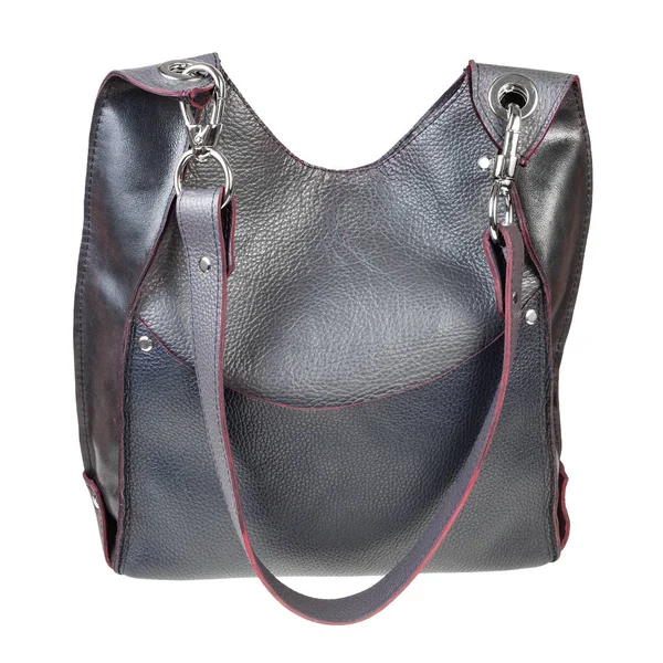 Bolso Mano Cuero Gris Cosido Mano Con Bolsillo Grande Bordes — Foto de Stock