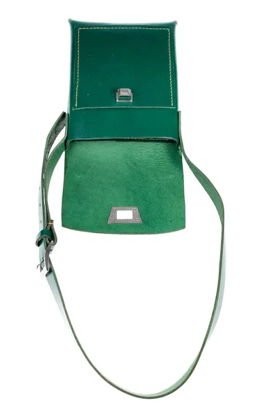 Ovanifrån Öppet Handgjort Grönt Läder Tablett Väska Isolerad Vit Bakgrund — Stockfoto