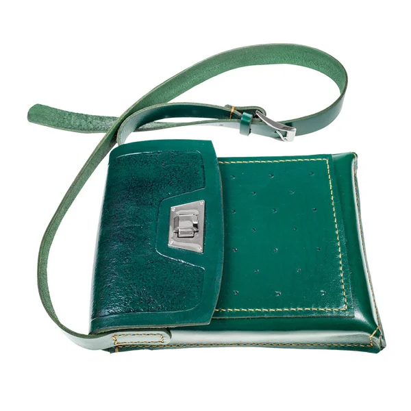 Handgefertigte Grüne Tablet Tasche Aus Leder Isoliert Auf Weißem Hintergrund — Stockfoto