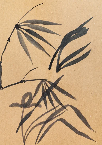 Kahverengi Kraft Kağıt Üzerinde Bambu Dalları Yapraklar Sumi Suibokuga Çim — Stok fotoğraf