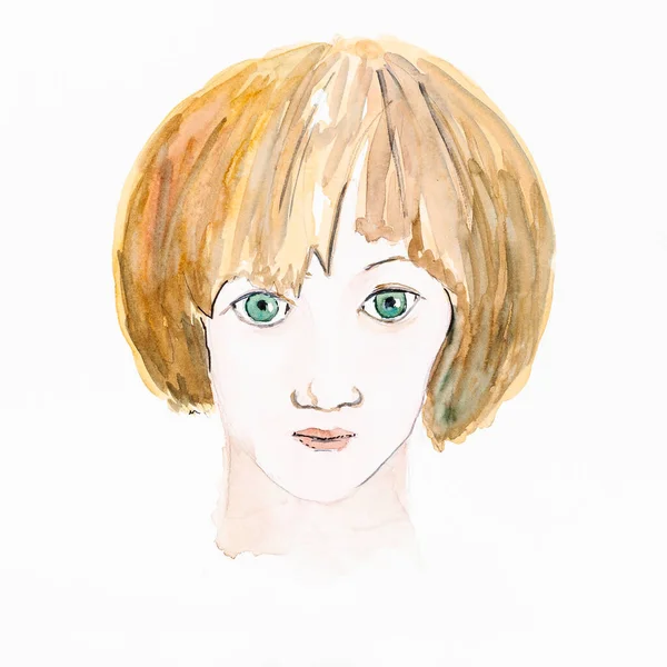 Portrait Caucasian Girl Big Green Eyes Hand Drawn Watercolours White — Stock Photo, Image