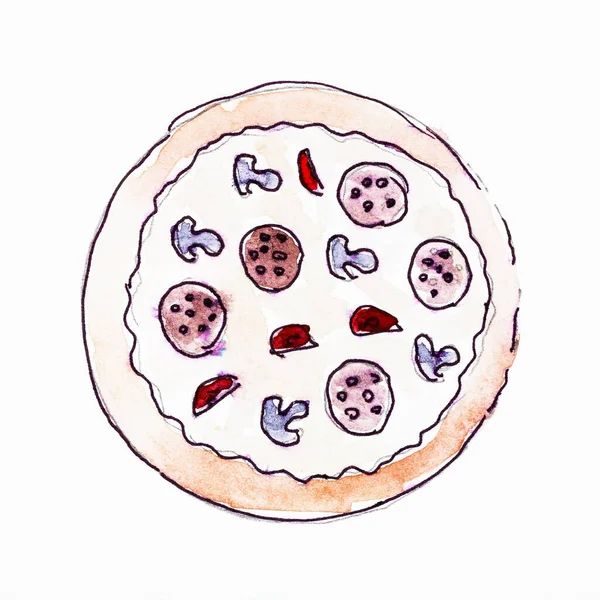 用黑色墨水和白纸水彩画的蘑菇 腊肠和西红柿比萨饼顶部视图草图 — 图库照片