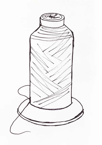 Большая Катушка Ниток Швейной Машинки Нарисованная Черной Маркерной Ручкой Белой — стоковое фото