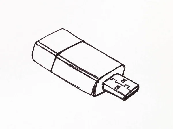Usb Flash Drive Hand Drawn Black Marker Pen White Paper — стоковое фото