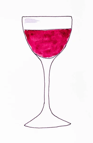 sketch of wineglass with red wine hand-drawn by black ink and red watercolours on white paper
