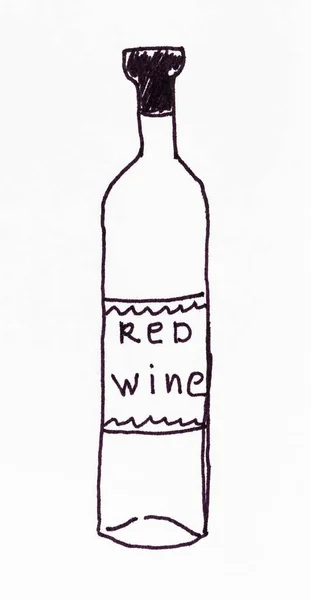 sketch of empty bottle of red wine hand-drawn by black ink on white paper
