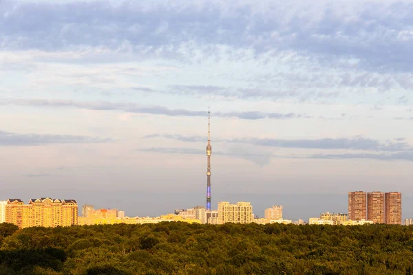 Dzielnica Mieszkalna Wieżą Telewizyjną Oświetloną Słońcem Bujnym Zielonym Lasem Przy — Zdjęcie stockowe