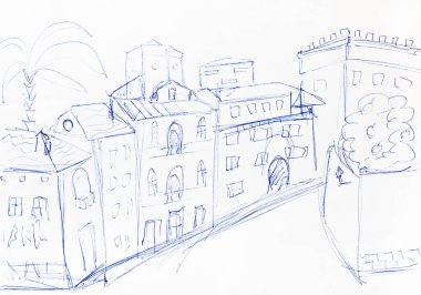 Avrupa 'da beyaz kağıda mavi ballpen ile çizilmiş cadde çizimi