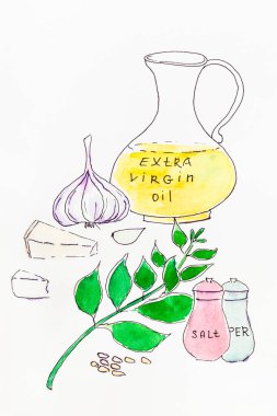 Kemerli keçeli kalemle çizilmiş İtalyan pesto sosu ve beyaz kağıt üzerine suluboya malzemeleriyle dolu bir hayat.
