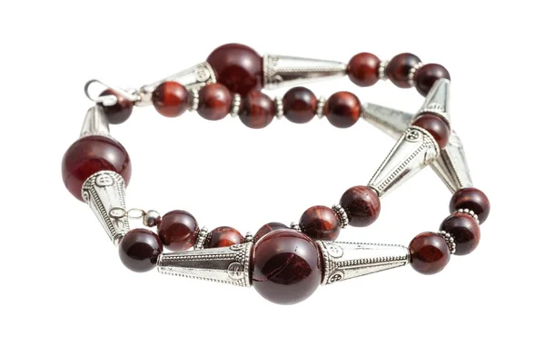 Collier Confectionné Main Partir Perles Agate Brune Les Yeux Boeuf — Photo