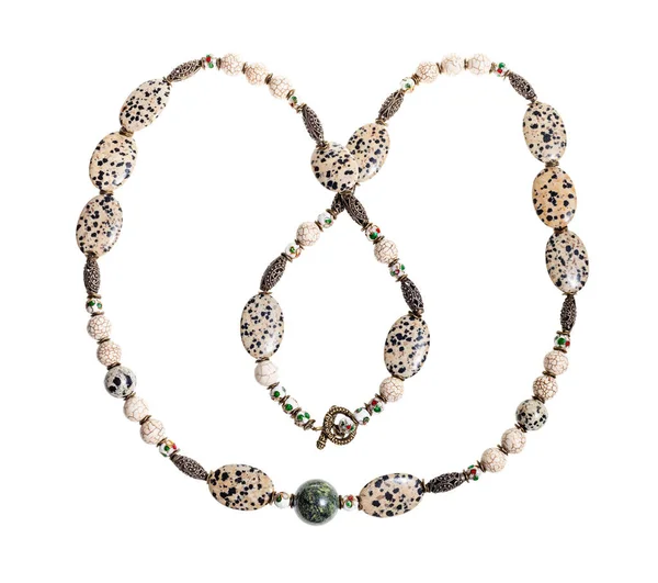 Handgefertigte Halskette Aus Aplith Cabochons Glasperlen Grüner Serpentinitkugel Rissigen Cacholong — Stockfoto