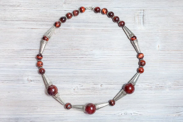 Vue Haut Collier Artisanal Partir Boules Agate Marron Perles Oeil — Photo