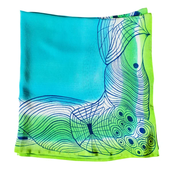 Folded Blue Green Handpainted Silk Scarf Abstract Pattern Isolated White — Stock Photo, Image