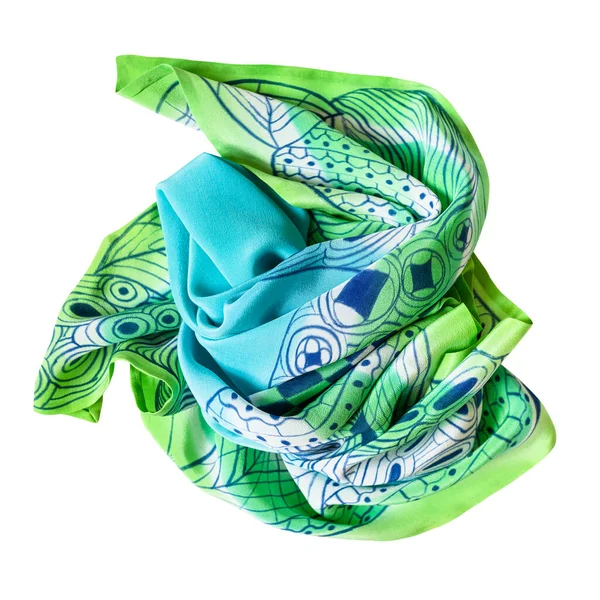 Wrapped Blue Green Handpainted Silk Scarf Isolated White Background — Stock Photo, Image