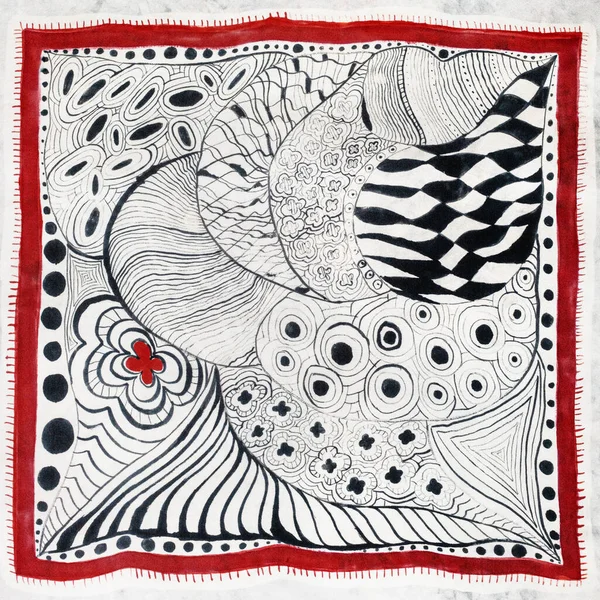Textilní Pozadí Šedá Hedvábná Šála Ručně Kresleným Abstraktním Obrázkem — Stock fotografie