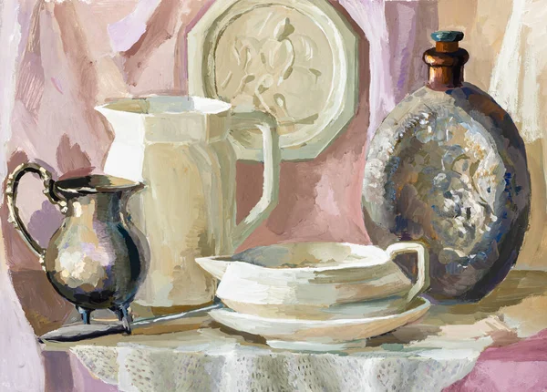 Cream Pink Still Life Crockery Hand Drawn Tempera White Paper — Stock Photo, Image