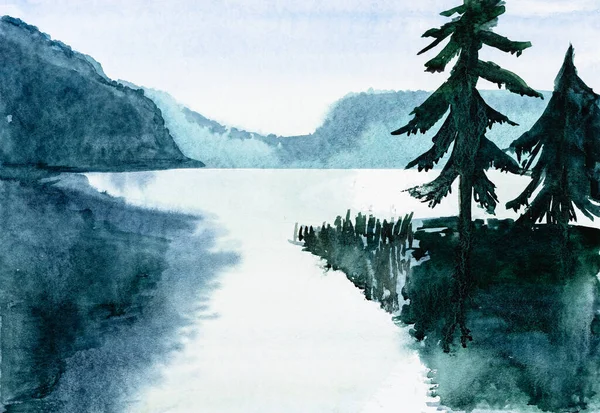 巴伐利亚夜景 湖水和云杉 白纸上的水彩画 — 图库照片