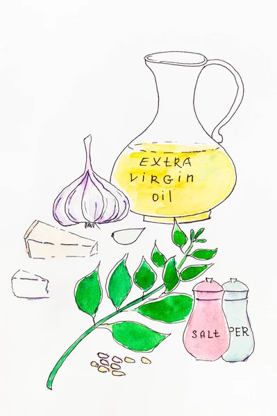 Νεκρή Φύση Συστατικά Για Ιταλική Σάλτσα Πέστο Ζωγραφισμένα Στο Χέρι — Φωτογραφία Αρχείου