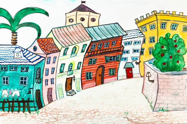 Hand Drawn Street European Town Handpainted Watercolors White Paper — Stock Photo, Image