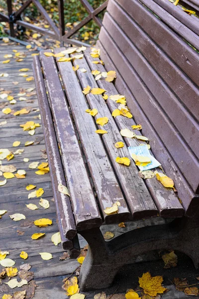 秋の日市公園の黄色の落ち葉で覆われた古い木製のベンチ — ストック写真