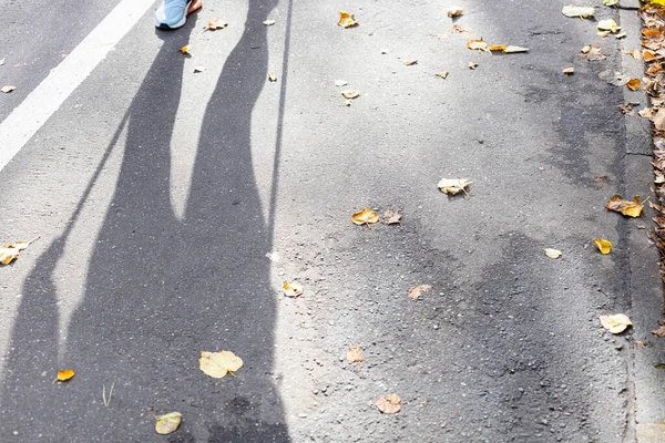 Schattenspender Des Nordic Walking Auf Fußweg Stadtpark Sonnigem Herbsttag — Stockfoto