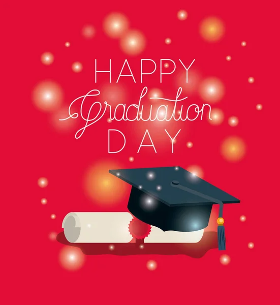 Tarjeta de graduación con sombrero y diploma — Vector de stock