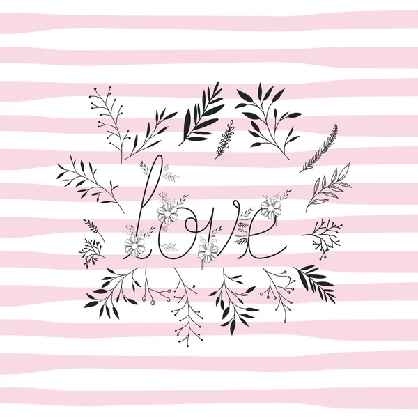 Mot d'amour avec police à la main et décoration florale — Image vectorielle