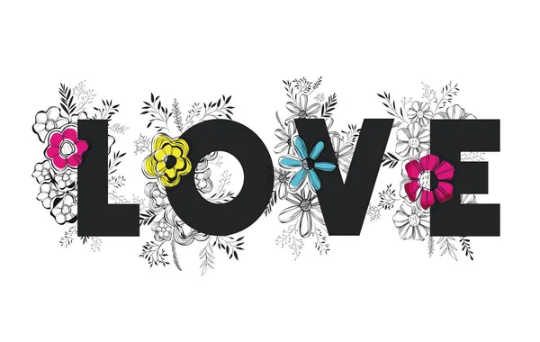 Любовное слово с ручным шрифтом и цветочным оформлением — стоковый вектор