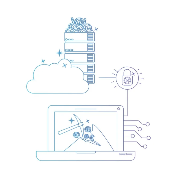 Portátil con el icono de la tecnología de comercio bitcoin — Vector de stock