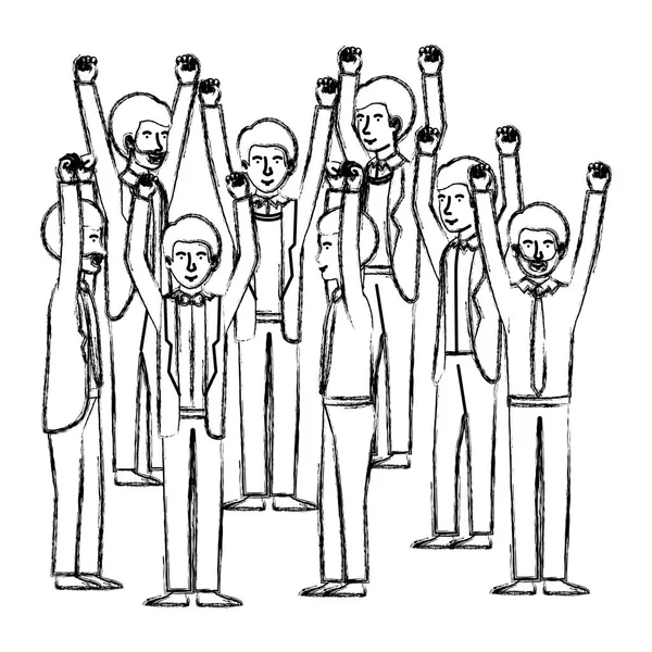 Grupo de homens comemorando com as mãos para cima —  Vetores de Stock