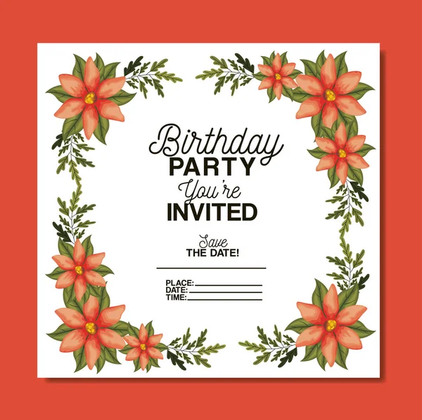 Convite de festa de aniversário com decoração floral —  Vetores de Stock